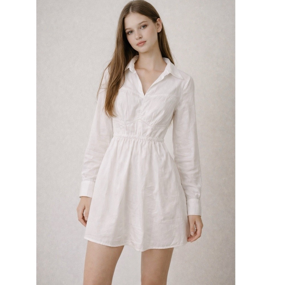 PrettyLittleThing White‎ Ruched Long Sleeve Mini Shirt Dress Women's Size 2 NWT